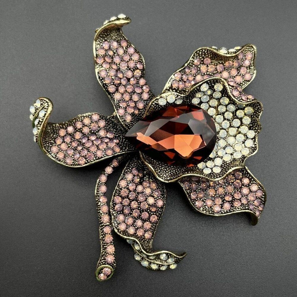 Yellow Gold with Garnet Red and Opal Crystal Stemmed Flower Pin Back Brooch